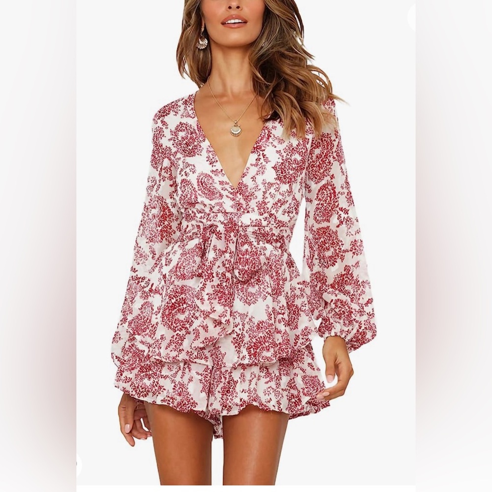 NWOT Romper Floral Print V Neck Baggy Sleeve Waist Tie Layered Ruffle Hem